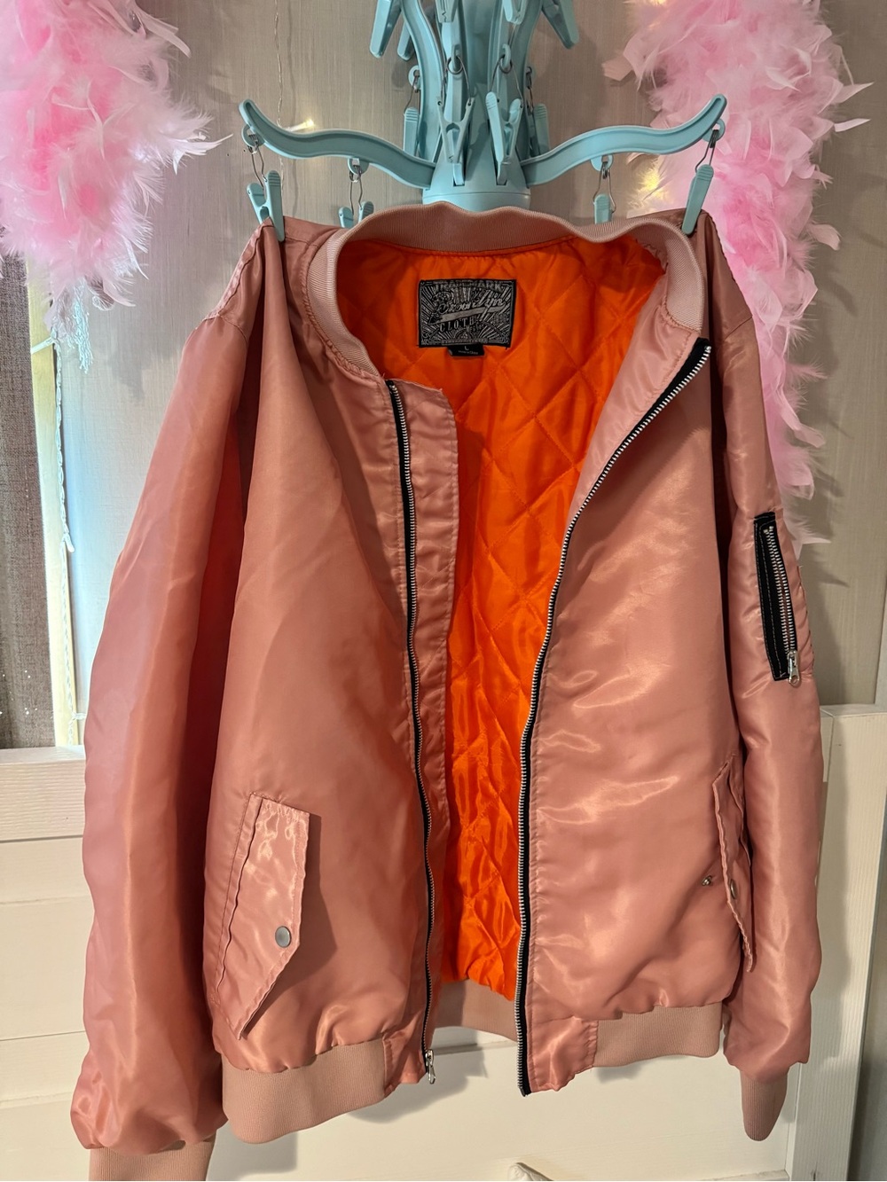Vintage Trademark Brooklyn Cloth Pink Satin Bomber Jacket Orange Quilted Lining